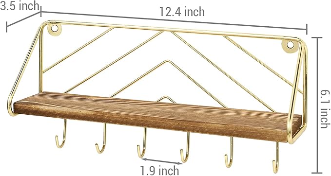 MyGift 12.5 Inch Burnt Solid Wood Hanging Display Shelf and Key Holder Rack, Wall Mounted Entryway Organizer with Brass Tone Metal Wire Chevron Design 6 Hooks