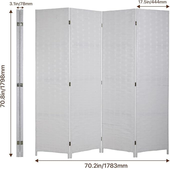 Room Dividers and Folding Privacy Screens 4 Panel 6 ft Foldable Portable Room Seperating Divider, Handwork Wood Mesh Woven Design Room Divider Wall, Room Partitions and Dividers Freestanding, White