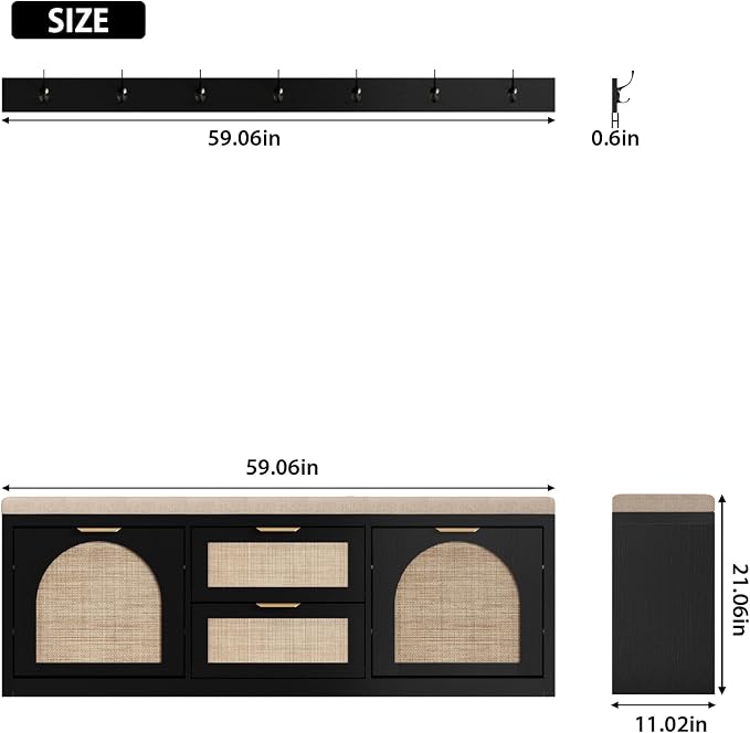 Rattan Narrow Entryway Bench with Shoe Storage, 4 Drawers & Coat Rack, Mid-Century Modern Wood Shoe Cabinet with Seat Cushion for Foyer/Hallway (Black)