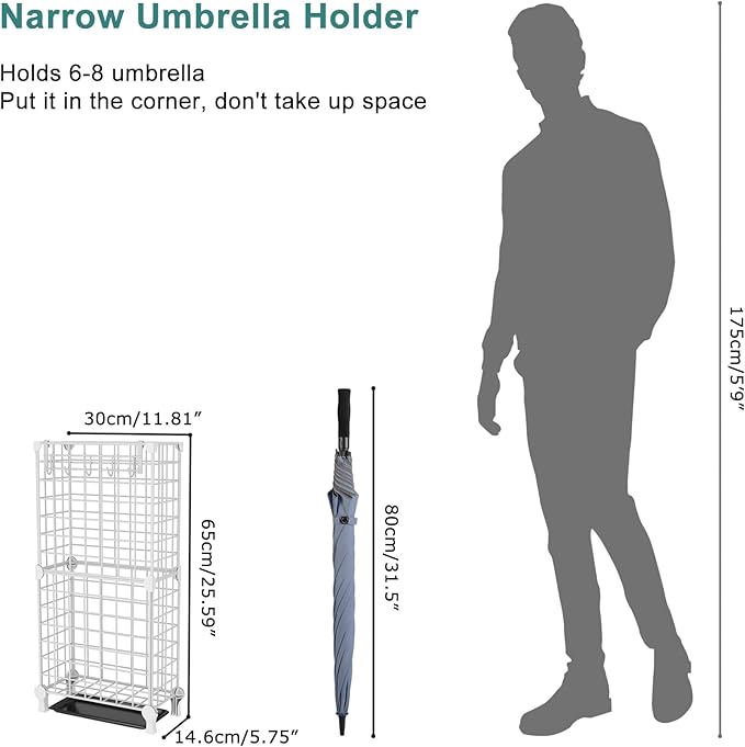 AWTATOS Umbrella Holder Entryway, Umbrella Stand Freestanding, Metal Square Umbrella Rack Organizer with a Removable Drip Tray, Hooks, White