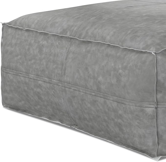 SIMPLIHOME Brody 30-inch Wide Large Square Coffee Table Pouf in Distressed Grey, Vegan Faux Leather Ottoman, Footrest, or Extra Seating for Living Room, Assembled