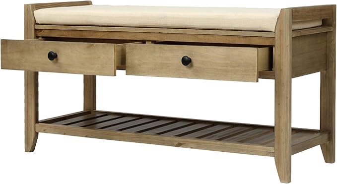 Knocbel Entry Storage Bench Shoes Rack with Cushioned Seat, 2 Drawers & Slatted Shelf, Living Room Entryway Hallway Foyer Shoe Bench Bedroom End of Bed Bench (Gray Wash)