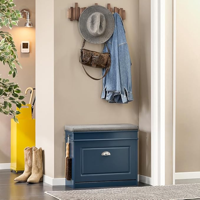 Haotian Small Shoe Storage Bench, Narrow Shoe Cabinet Entryway with 1 Flip-Drawer and Seat Cushion, Mini Shoe Rack Hallway Entrance Mudroom, Navy Blue FSR82-K-B