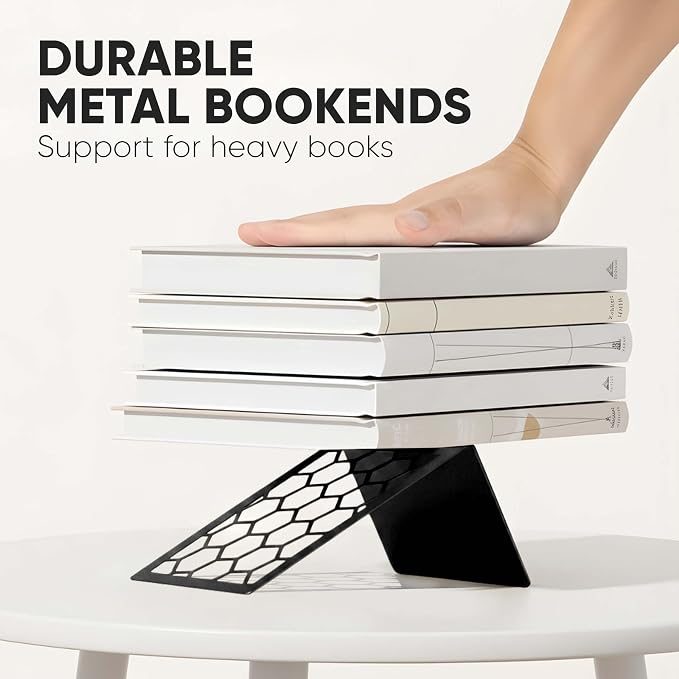 Black Geometric Honeycomb Metal Bookends - Book Ends for Shelves - Decorative Modern Heavy Duty Bookend Stopper - Book Ends for Heavy Books - Home Office Book Holder - 2 Pair, 6x3.25x6.25 in