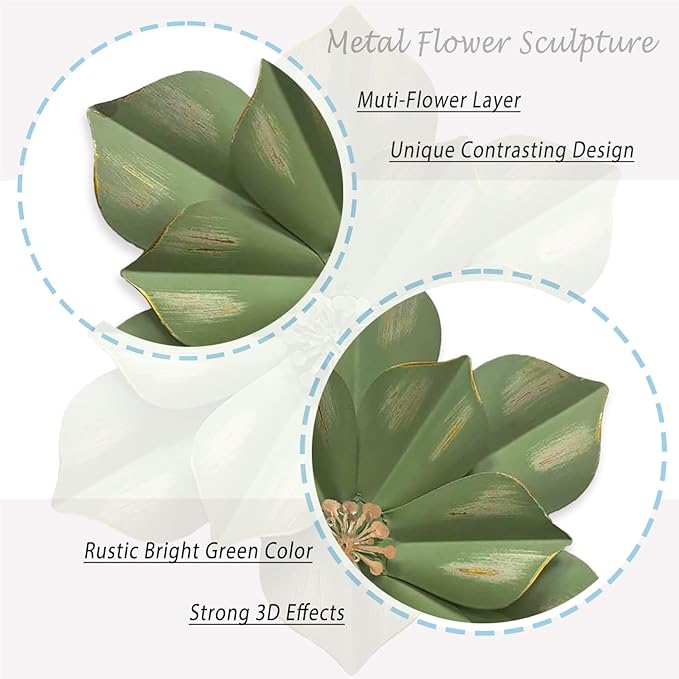 Metal Flower Wall Sculpture, 12.5" Rustic Modern Floral Artwork, Distressed 3D Layered Iron Flower Wall Hanging Accent for Indoor Kitchen Bedroom Living Room Office OutdoorGarden Patio Decor (Green)