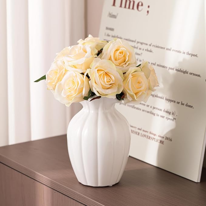 Seasonplan White Ceramic Vase, 8 Inch Flower Vase Home Decor Modern Decorative Vases for Bouquet, Unique Vases for Farmhouse Living Room Cabinet Table Centerpieces Wedding Decorations (White)