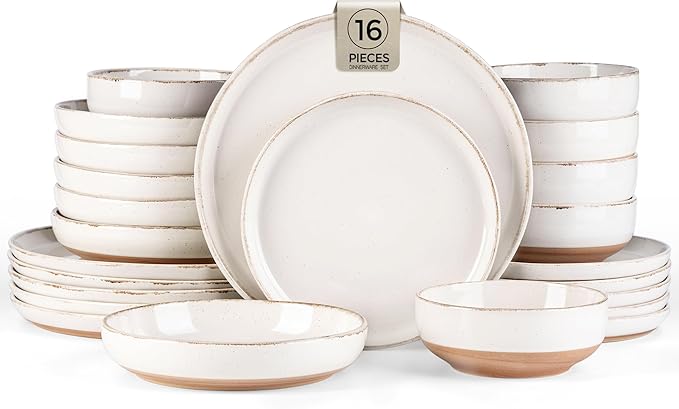 AmorArc Dinnerware Sets with Pasta Bowls for 4, Handpainted Stoneware Plates and Bowls Set with Rustic Terracotta Underside, Scratch Resistant Dishes Set, Dishwasher & Microwave Safe, 16 Pcs