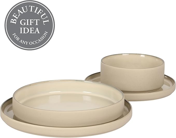 Gibson Elite Liberty Bay 16-Piece Pottery Clay Stoneware Dinnerware Set – Taupe Reactive Glaze, Stackable Plates and Bowls W/Pasta Bowl, Service for 4 – Microwave & Dishwasher Safe