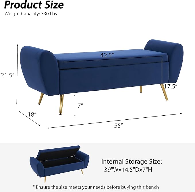 Storage Bench for Bedroom, 55" Extra Long Bench for King Size Bed, Modern Upholstered End of Bed Ottoman Bench with Arms for Entryway Living Room (Velvet, Navy Blue)