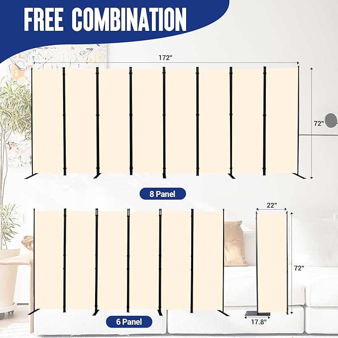 Room Divider and Folding Privacy Screens 8 Panel, 172'' Wide Partition Room Dividers, Portable Room Divider Panel for Room Separtition, Large Wall Dividers for Room, Office, School,Studio Beige
