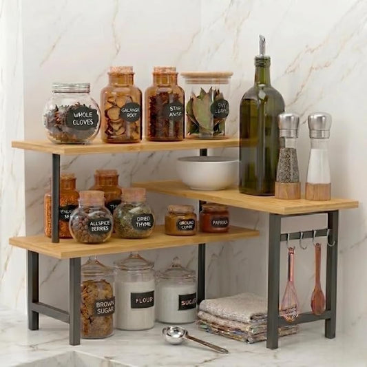 3-Tier Bamboo Corner Organizer, Extended Top Shelf, Kitchen and Coffee Bar | Corner shelf for kitchen counter, coffee bar, bathroom vanity storage, spice rack, space saving bamboo countertop shelf