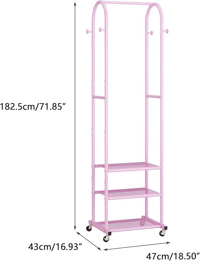 Dttwacoyh Hall Tree with Wheels and Hanging Hooks, Entryway Clothing Rack with Shoe Shelves,Pink Decorative Freestanding Metal Garment Rack Suitable for Hallway,Bedroom and Bathroom – Pink