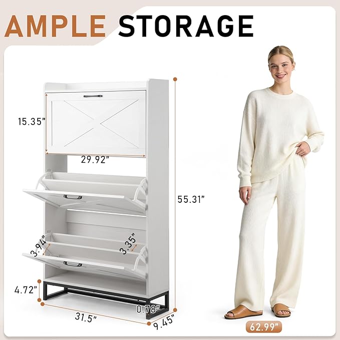 VINGLI Tall Farmhouse Shoe Cabinet with 3 Flip Drawers, Slim Entryway Shoe Storage Organizer with Metal Legs, Narrow Free Standing Wood Shoe Rack for 24 Pairs, Washed White (55" H)