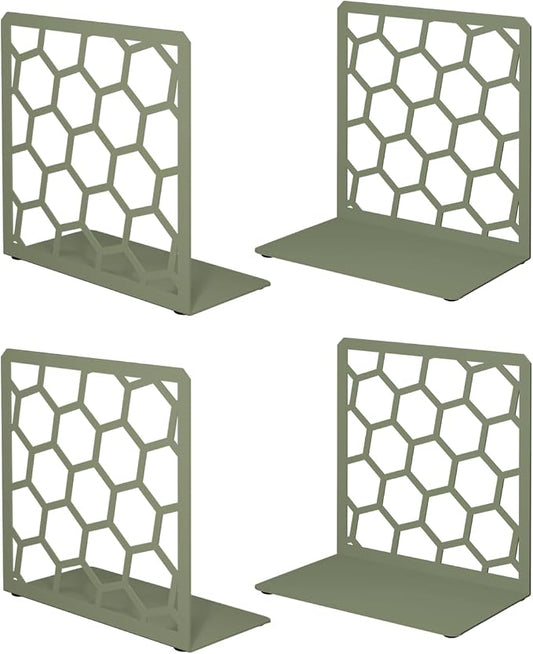 Sage Geometric Honeycomb Metal Bookends - Book Ends for Shelves - Decorative Modern Heavy Duty Bookend Stopper - Book Ends for Heavy Books - Home Office Book Holder - 2 Pair, 6x3.25x6.25 in