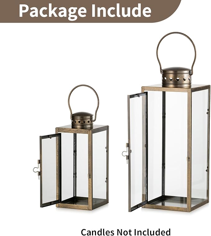 NUPTIO Vintage Lanterns Decorative Outdoor: 9.5 13.8 inches Tall Set of 2 Rustic Metal Lantern Decor with Glass - Distressed Gold Candle Holder for Wedding Christmas Mantel Living Room Patio