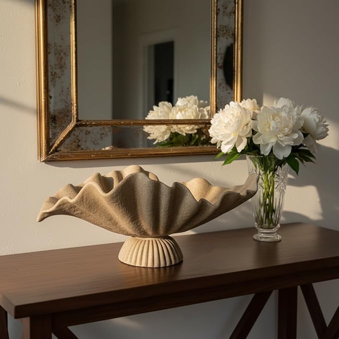 16" Large Decorative Bowl decor , Modern Home Decoration Scallop Bowl,Fashion Key Bowl for Entrance Table, Decorative Fruit Bowl for Kitchen Counter, Ruffle Decor, With Base, Artificial Stone Beige