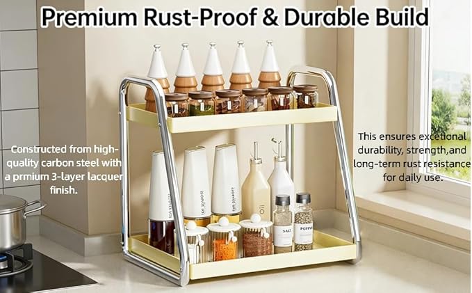 2 Tier Metal Coffee syrup rack Coffee Bar accessories coffee stand countertop Spice Rack Make-up Perfume Organizer for bathroom counter Pantry storage Kitchen tall bottle seasoning shelf Silver11.8”