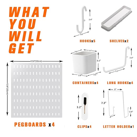 Peg Board Combination Kit, 4 Pegboards with 20 Accessories, Pegboard Wall Organizer for Office, Nursery & Home Storage, Key Holder, 25.6"x25.6" – Nail-Free Installation（White）