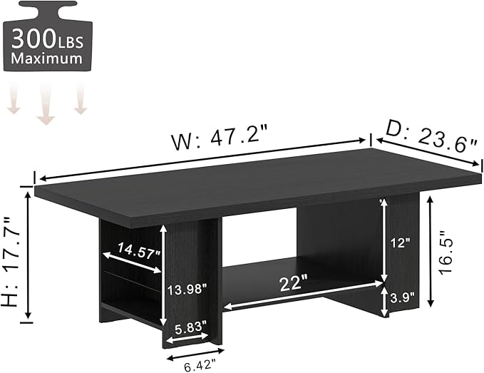FOLUBAN Black Coffee Table with Storage Bottom Shelf & Side Shelves, Modern 2-Tier Living Room Center Table, Rectangular Wood Cocktail Tea Table for Home Office, 47 Inch