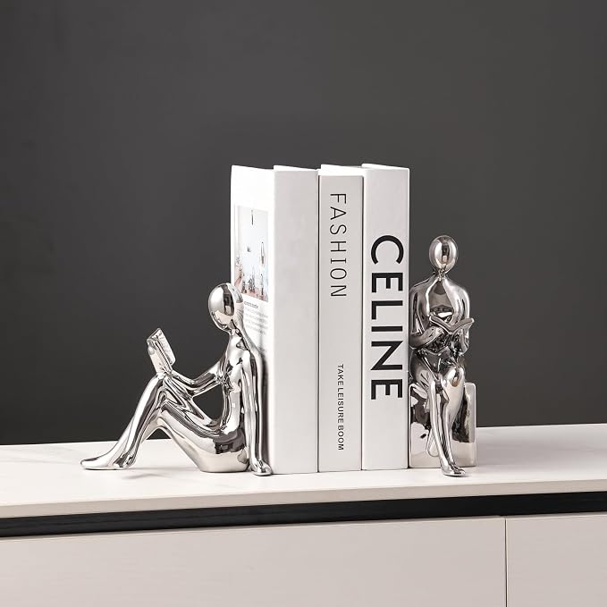 Ceramic Decorative Bookends, Book Ends for Shelves, Home Office Decor Aesthetic Statues Book Holders Stoppers for Bookshelf, Table, Bedroom Living Room Decoration (Silver)