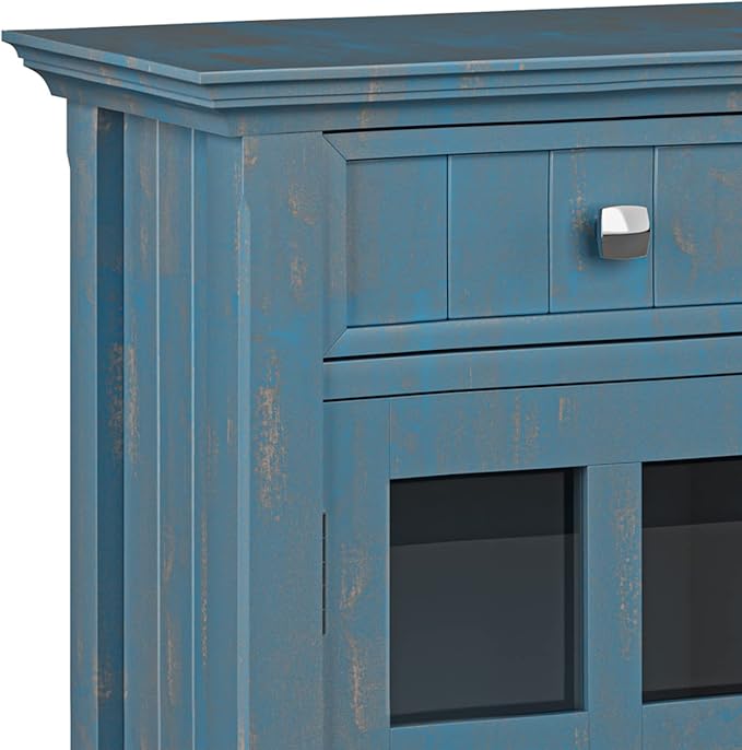 SIMPLIHOME Acadian Solid Wood 48 inch Wide Storage Bench that Seats 2 and 36 inch Wide Storage Cabinet in Distressed Coastal Blue for the Living Room, Entryway, and Family Room, Transitional Style