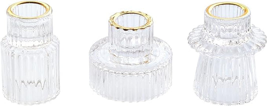 Vixdonos Taper Glass Candlestick Holders Tealight Candle Holders for Table Centerpieces, Wedding Decor and Dinner Party (3 Pcs, Gold Rim Clear)