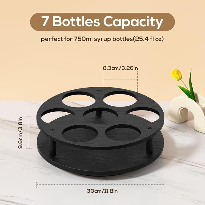 THYGIFTREE Rotating Coffee Syrup Organizer 7 Bottles Syrup Rack for Countertop Wood Syrup Bottle Holder Stand for Coffee Bar Station, Turntable Wine Display Tray, Black