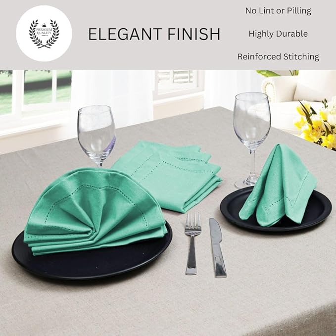 Hemstitch Dinner Napkins 100% Cotton Set of 6 - for Dining Weddings Parties Holidays Easter Everyday Use - Soft Durable Washable Table Napkins - 18x18 Inch Cloth Napkins Turquoise Blue