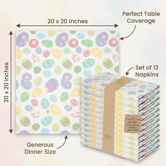 Urban Villa Cloth Napkins 100% Cotton Highly Absorbent Washable Durable Reusable Premium Dinner Napkins Ideal for Gifts for Mothers Day Hotel Farmhouse Parties - Easter Print (20" x 20", Set of 12)