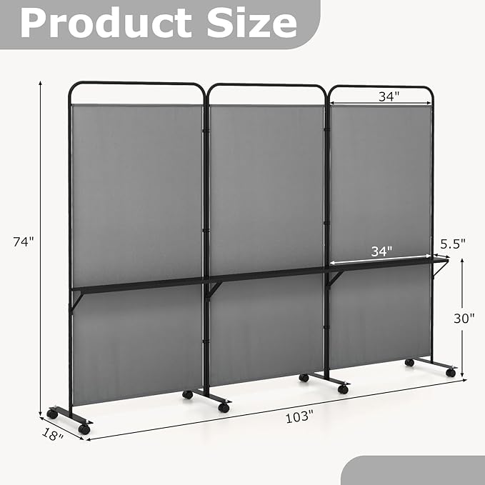 Giantex 3 Panel Room Divider with Wheels and Shelves, 103" W x 74" H Folding Privacy Screen, Rolling Partition Separator for Home Office Studio, Fabric Wall Divider for Room Separation (Gray)