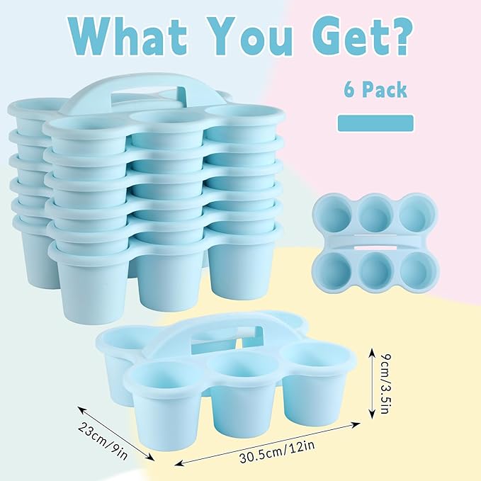 6 Pack Classroom Caddy with Handle Plastic Storage Caddy Organizer with 6 Compartments Drink Cup Caddies Holder Portable Storage Bin for Pencil, Crayon, Marker, Home Office School Supplies(Light Blue)
