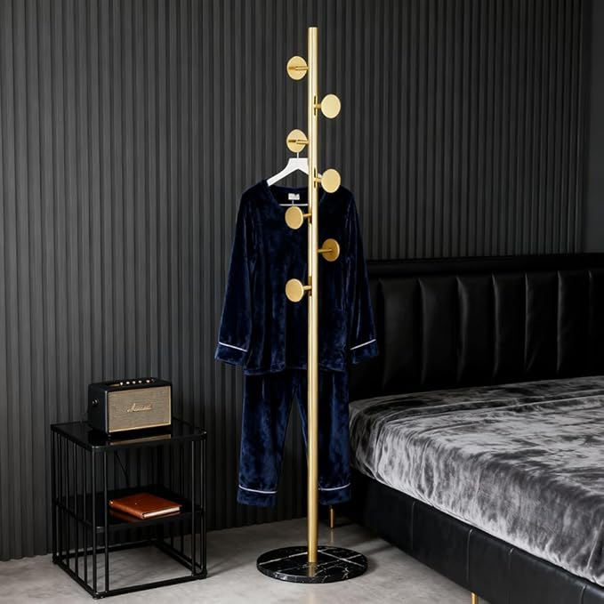 Coat Rack Freestanding with Marble Rock Slab Base, Heavy Duty Sturdy Stable Metal Tree Clothes Racks with 7 Staggered Round Hooks, Coat Hanger for Clothing Hats Bags Purses, for Room Entryway Bedroom