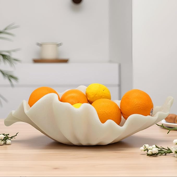 Off White Large Decorative Bowl - 16” Fruit/Key/Purse Bowl for Home Decor - Coffee Table & Entryway Table Decor - Scalloped Ruffle Bowls - Unique Centerpiece Bowls(Big)