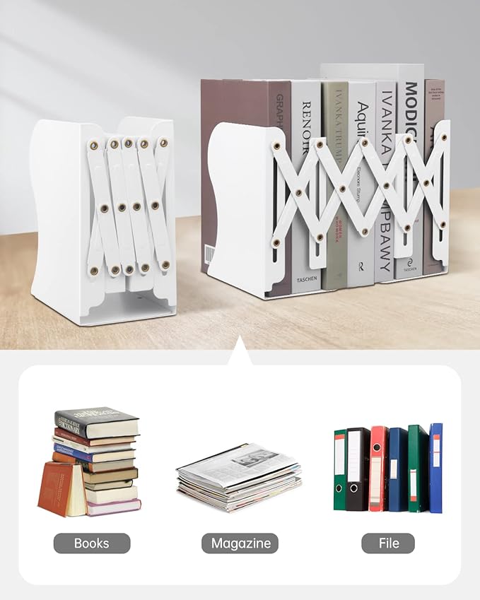 Honagu Adjustable Bookends, Metal Book Ends for Shelves Heavy Book, Desk Magazine File Organizer for Home, Office, Books, Papers, Extends up to 19 inches, for Students,Teachers (White)
