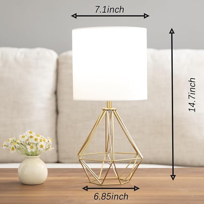 Gold Modern Small Table Lamp for Bedroom & Living Room - Geometric Metal Base, White Fabric Shade, Ideal for Bedside & Kids' Desk, Nightstand Lamp