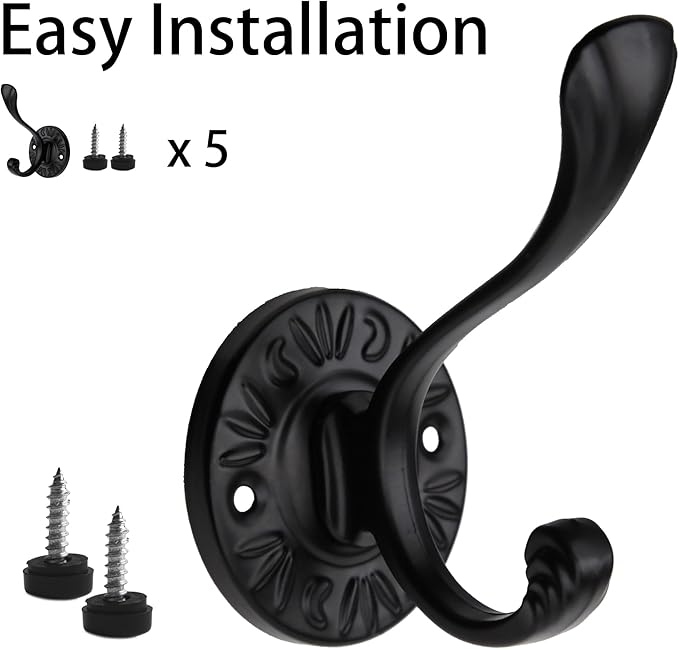 5pcs Black Coat Hooks Wall Mounted Coat Hooks Farmhouse Matte Black Wall Hooks with Screws Metal Matte Black Towel Hooks for Bathrooms Entryway Hooks for Hanging Coats, Keys, Hats, Scarves, Robe, Bags