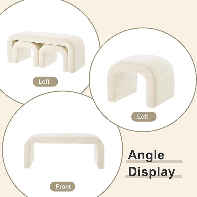 3-Piece Modern Ottoman Bench Set, 44" Wide Teddy Upholstered End of Bed Bench with 2 Foot Stools, Padded U-Shaped Entry Bench Vanity Stool for Living Room Bedroom (Cream)