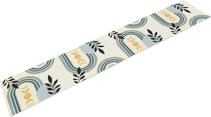 YCness Boho Mid Century Abstract Table Runner Modern Sun Moon Phase Minimalist Aesthetic Leaves Arch Geometric Blue Grey Table Runner for Dining Party Table Decor, 13x36 Inch