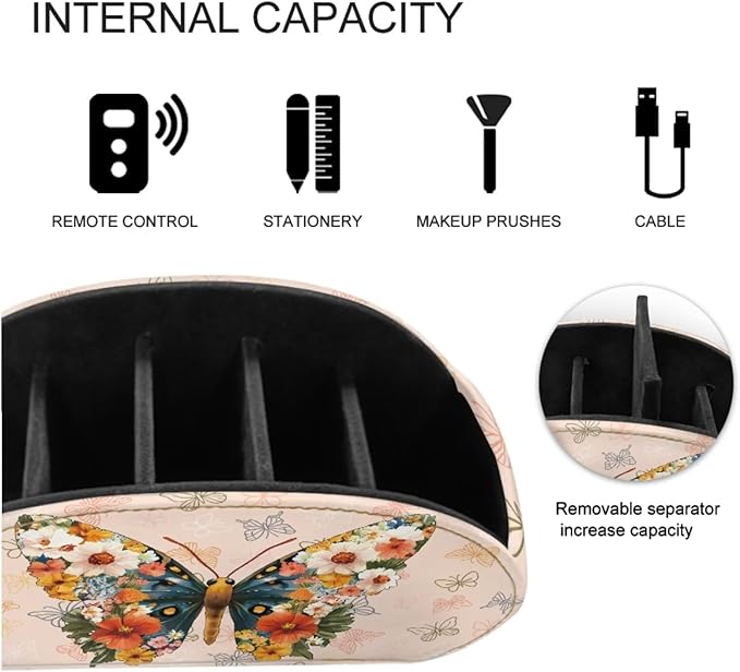 Creative Floral Butterfly Print TV Remote Holder with 5 Compartments, Office Desk Organizers - Nightstand Organizers/Bedside Table Accessory, Storage for Controllers/Media Players Yellow