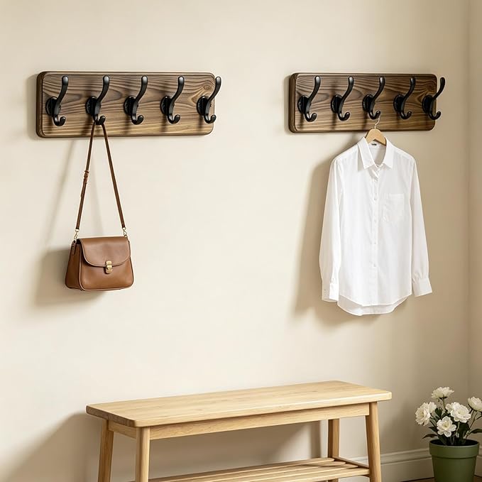 17" Coat Rack Wall Mount, Rustic Wall Mounted Coat Rack, Pine Solid Wood Coat Hook Hanger with 5 Metal Hooks- Wall Coat for Hanging Clothes Key Robes Towels Coats