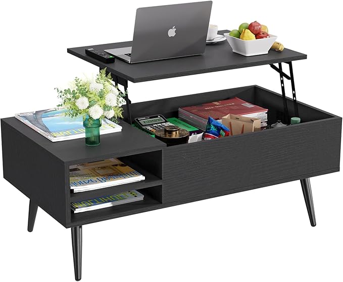 PayLessHere 39" Lift Top Coffee Table with Adjustable Storage and Hidden Compartment Small Wood Coffee Table Center Table for Home Living Room Office Apartment Reception Room,Black