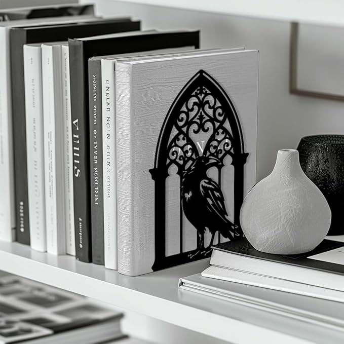 Peacoblue Metal Bookends for Shelves, Modern Decorative Heavy Duty Study Book Support Stoppers for Office, Desk, Shelf, Room 5.3"x4.3"x7.9" Cast Iron Simple Tall Bookends, 1 Pair (Gothic Crow)