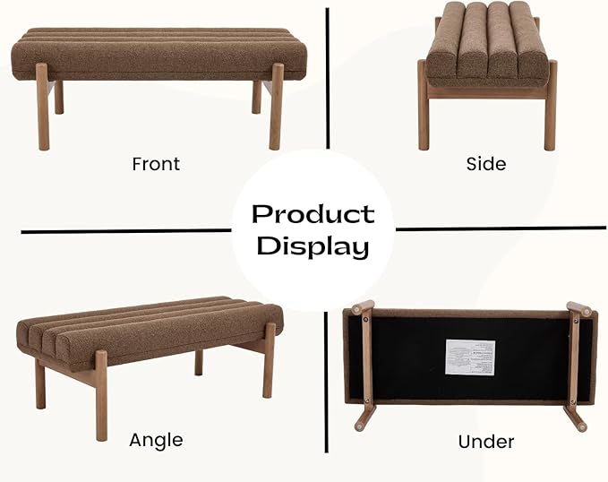 EALSON 47 Inch Entryway Bench Fabric Upholstered End of Bed Bench Modern Bedroom Bench with Cylindrical Cushion and Solid Wood Frame Comfy Chenille Long Ottoman Bench for Bedroom Living Room, Brown