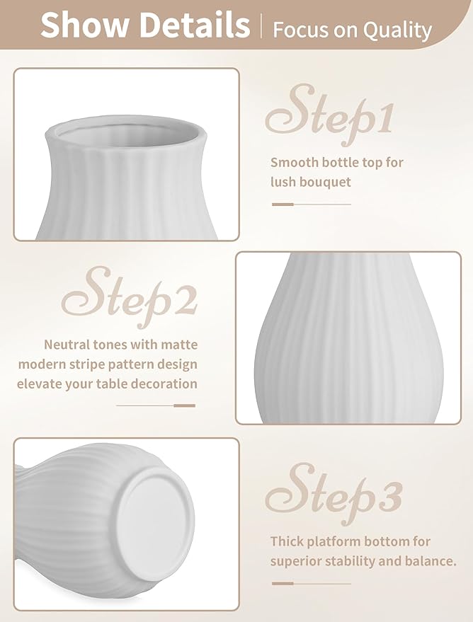 NUPTIO Ceramic Flower Vase for Bouquet: 6.3" Tall White Vases for Home Decor - Modern Decorative Table Centerpiece for Living Dining Room Kitchen Decor