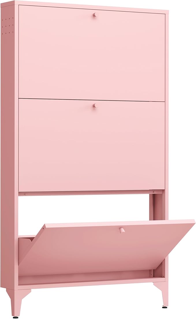 Shoe Storage Cabinet for Entryway with 3 Flip Drawers, Freestanding Shoe Organizer with Legs,Farmhouse Narrow Shoe Storage Cabinet for Entryway, Foyer,Living Room (3 Doors(Width 27.5), Red)