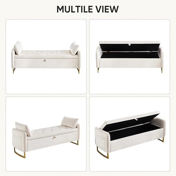 65" Storage Ottoman Bench, Velvet Storage Bench for Bedroom, End of Bed Storage Bench with Tufted Upholstered and Gold Legs, Bedroom Benches with Arms for Living Room Window and Entryway Beige