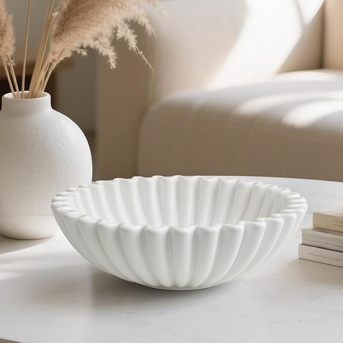 Decorative Bowl for Home Decor, 9.6" Modern White Scalloped Fruit Bowl for Coffee Table, Entryway Table, Kitchen Counter, Centerpiece for Keys or Candy