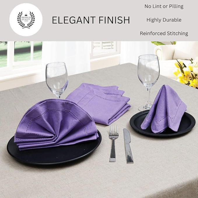 Hemstitch Dinner Napkins 100% Cotton Set of 12 - for Dining Weddings Parties Holidays Easter Everyday Use - Soft Durable Washable Table Napkins - 18x18 Inch Cloth Napkins Lavender