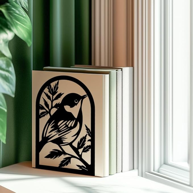 INFUNLY Bird Bookends Decorative Metal Book Ends for Shelves 4.7"×7.1" Non-Skid Heavy Duty Bookends Unique Office Desk Book Stand for Heavy Books Black Book Stopper to Hold Books for Home Office Decor