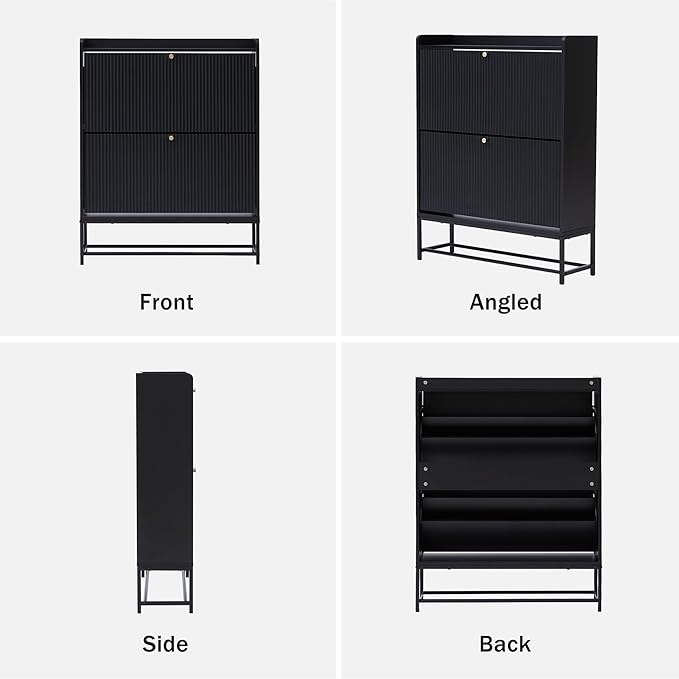 RARZOE Set of 2 Fluted Shoe Cabinets for Entryway with 2 Flip Drawers, Narrow Wood Shoe Cabinet with Fluted Panel, Freestanding Hidden Shoe Rack with Metal Legs for Foyer,Hallway(31.5''Black)